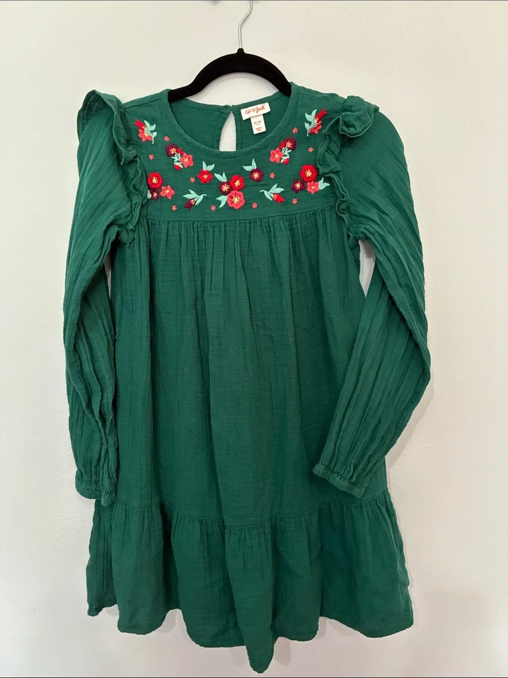 Cat & Jack Emerald Green Floral-Embroidered Long Sleeve Dress